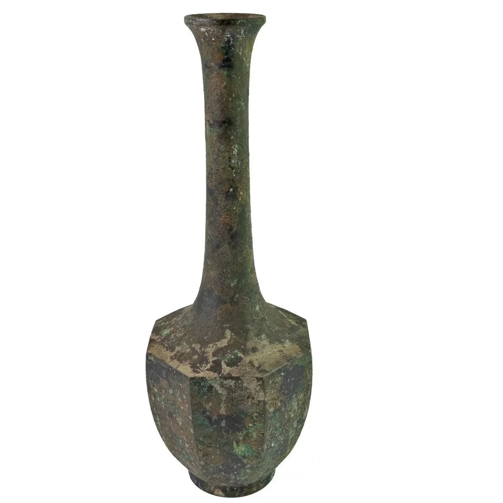 Chinese Bronze Octagonal Long Neck Vase Verdigris Patina
